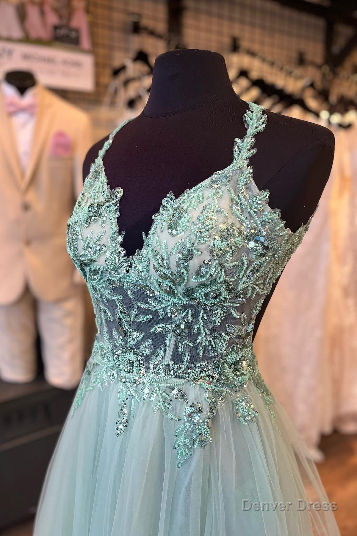 Dusty Sage Flower Straps Beaded V Neck Long Prom Dresses Secondary image