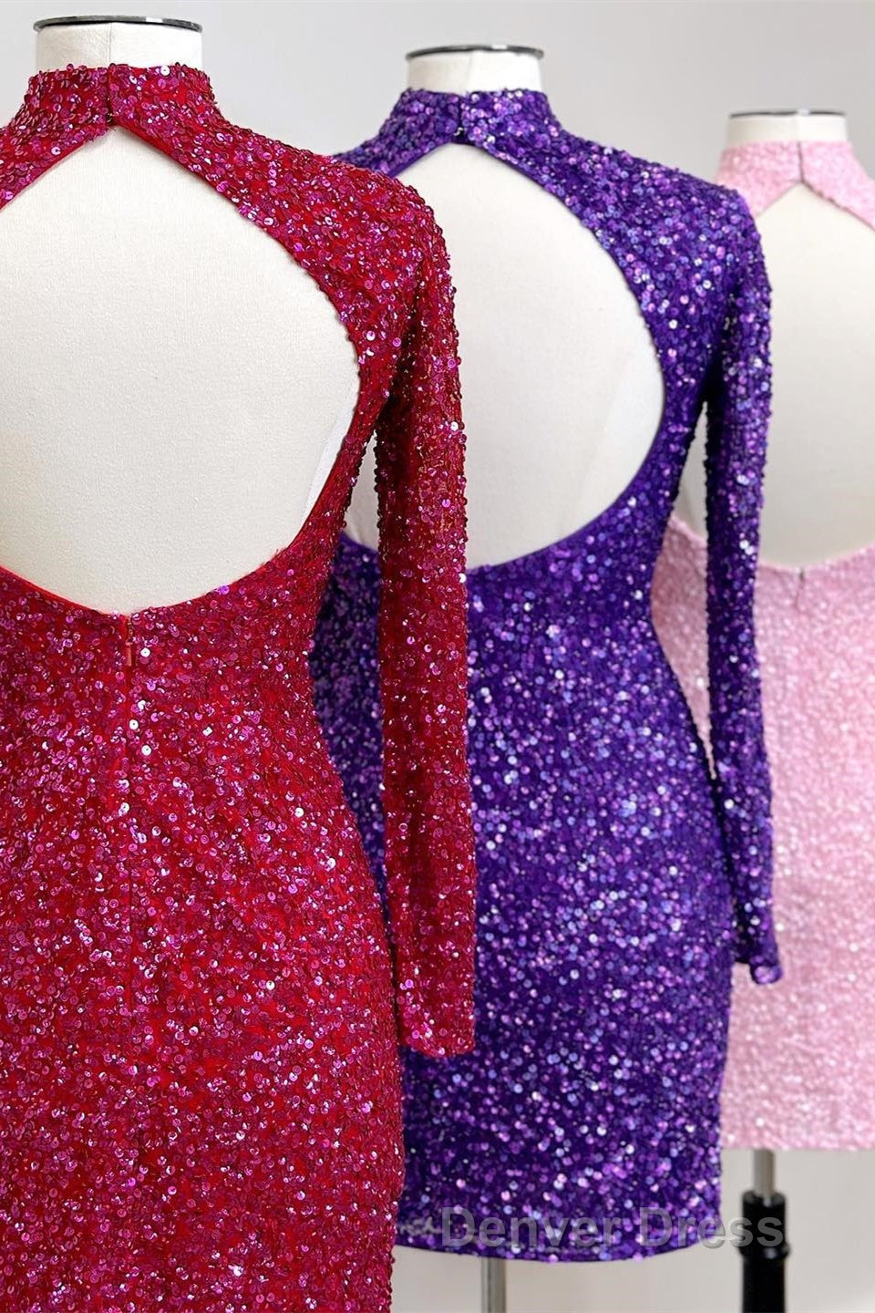 Regency High Neck Long Sleeves Sequins Keyhole Homecoming Dresses Secondary image