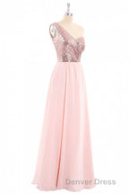 One Shoulder Sequin and Chiffon A Line Long Bridesmaid Dresses