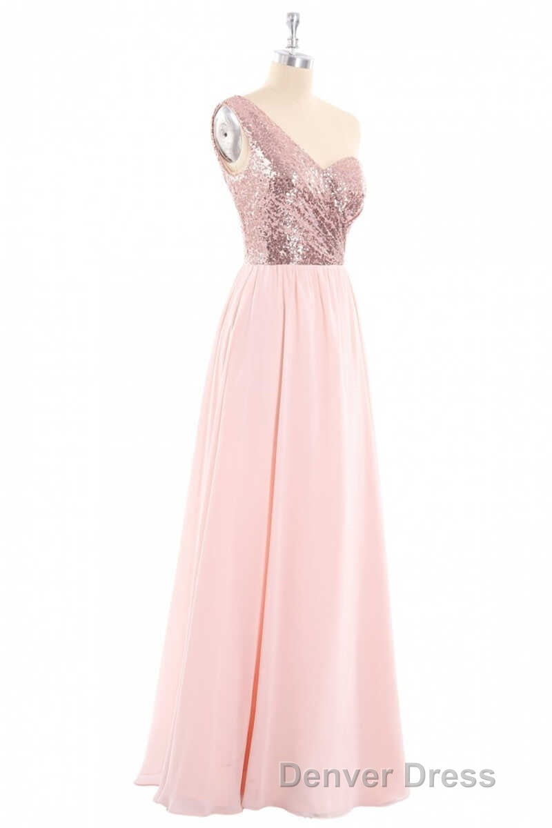 One Shoulder Sequin and Chiffon A Line Long Bridesmaid Dresses