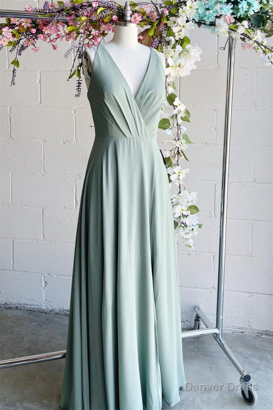 Light Green A Line V Neck Pleated Sleeveless Chiffon Long Bridesmaid Dresses