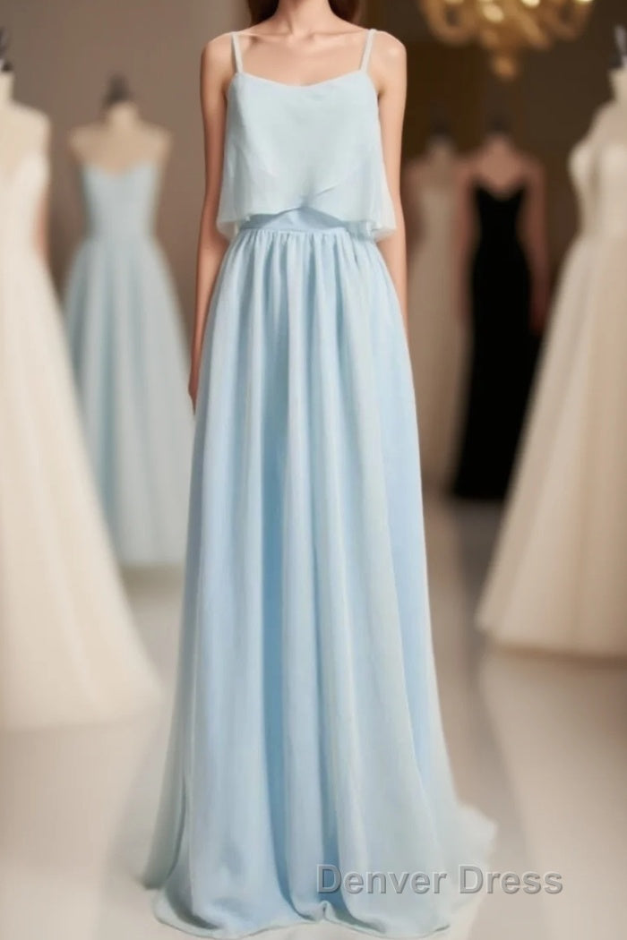 Dusty Blue Chiffon Spaghetti Straps Ruffled Long Bridesmaid Dresses Main image