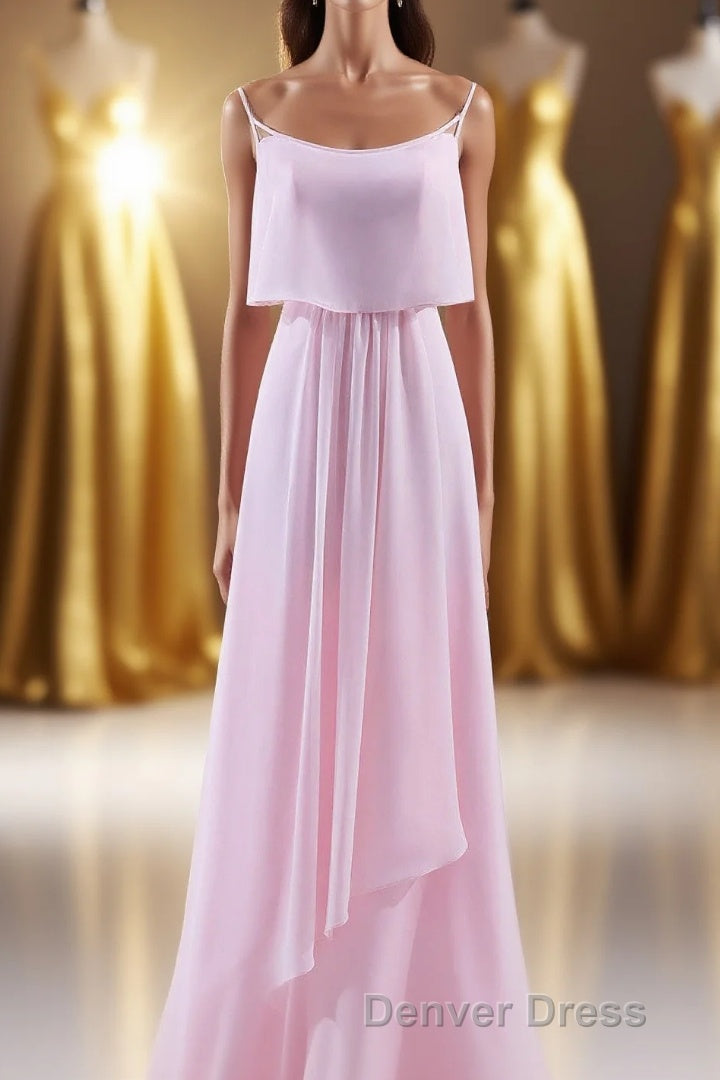 Pink Flounce Chiffon Straps A Line Long Bridesmaid Dresses Main image