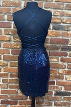 Cute Navy Blue Sequins Tight Mini Homecoming Dresses