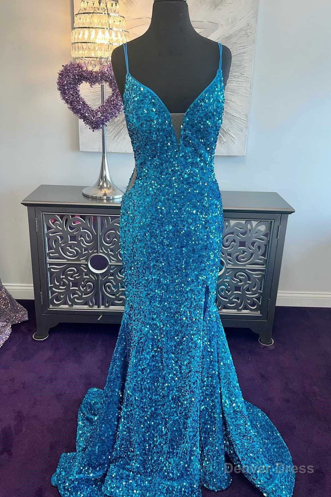 Blue Sequin Plunge V Mermaid Long Prom Dress with Slit Main image