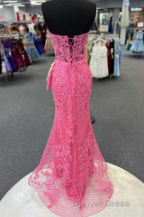 Hot Pink Appliques Strapless Mermaid Long Prom Dresses
