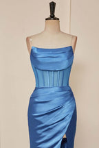 Blue Pleated Strapless Mermaid Satin Long Prom Dresses with Slit
