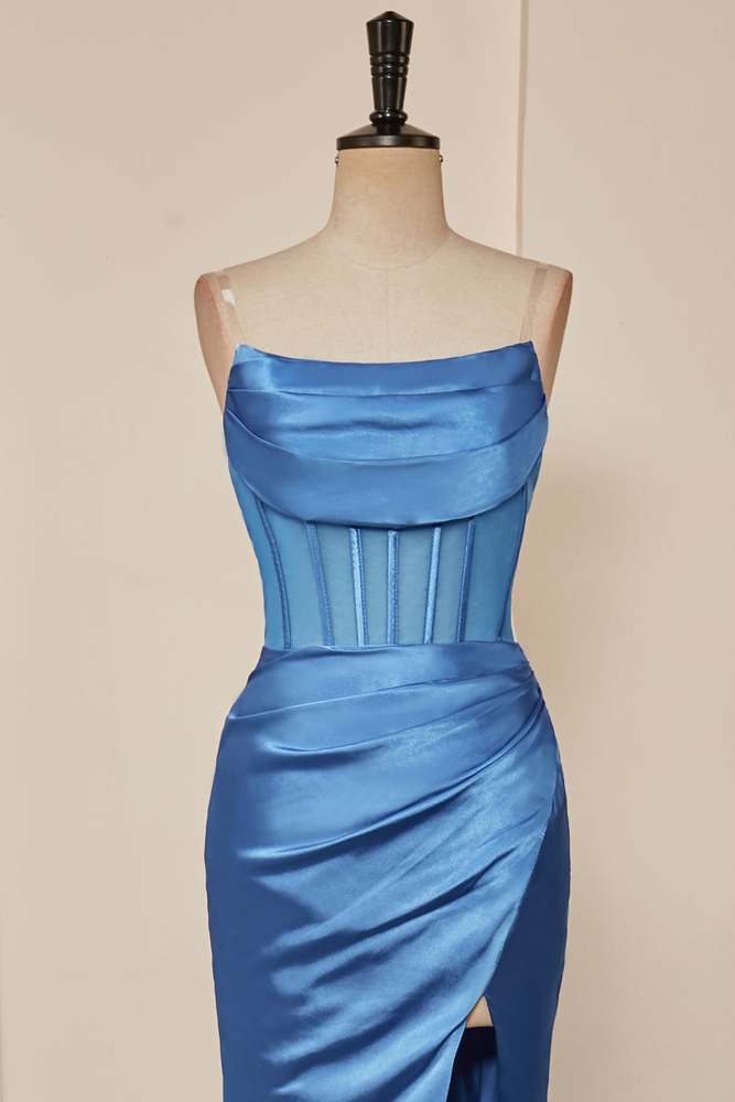 Blue Pleated Strapless Mermaid Satin Long Prom Dresses with Slit