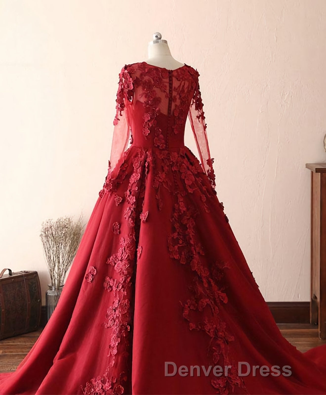 Burgundy Lace Satin Long Prom Dresses, Burgundy Lace Evening Dresses Secondary image