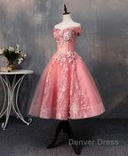 Pink Tulle Lace Off Shoulder Short Prom Dresses, Pink Homecoming Dresses