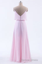 Pink Flounce Chiffon Straps A Line Long Bridesmaid Dresses