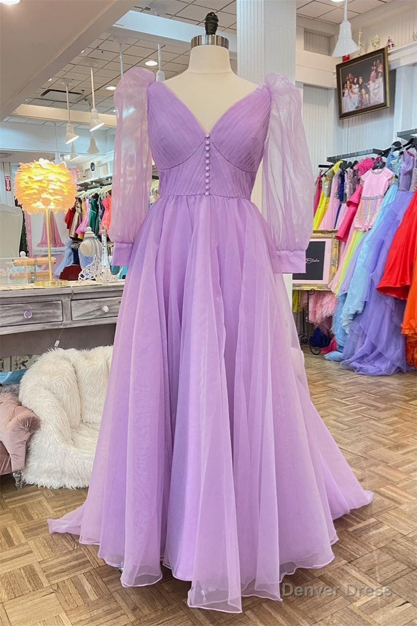 Lavender Tulle V Neck Illusion Neck Pleated Long Prom Dress Main image