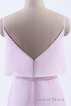 Pink Flounce Chiffon Straps A Line Long Bridesmaid Dresses