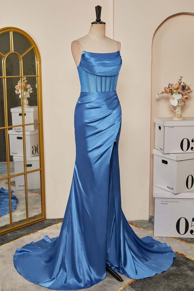 Blue Pleated Strapless Mermaid Satin Long Prom Dresses with Slit Secondary image
