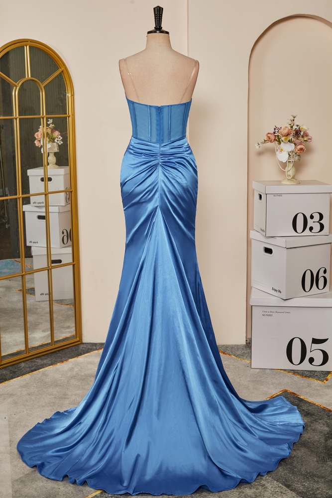 Blue Pleated Strapless Mermaid Satin Long Prom Dresses with Slit Main image