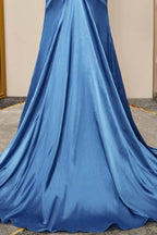 Blue Pleated Strapless Mermaid Satin Long Prom Dresses with Slit
