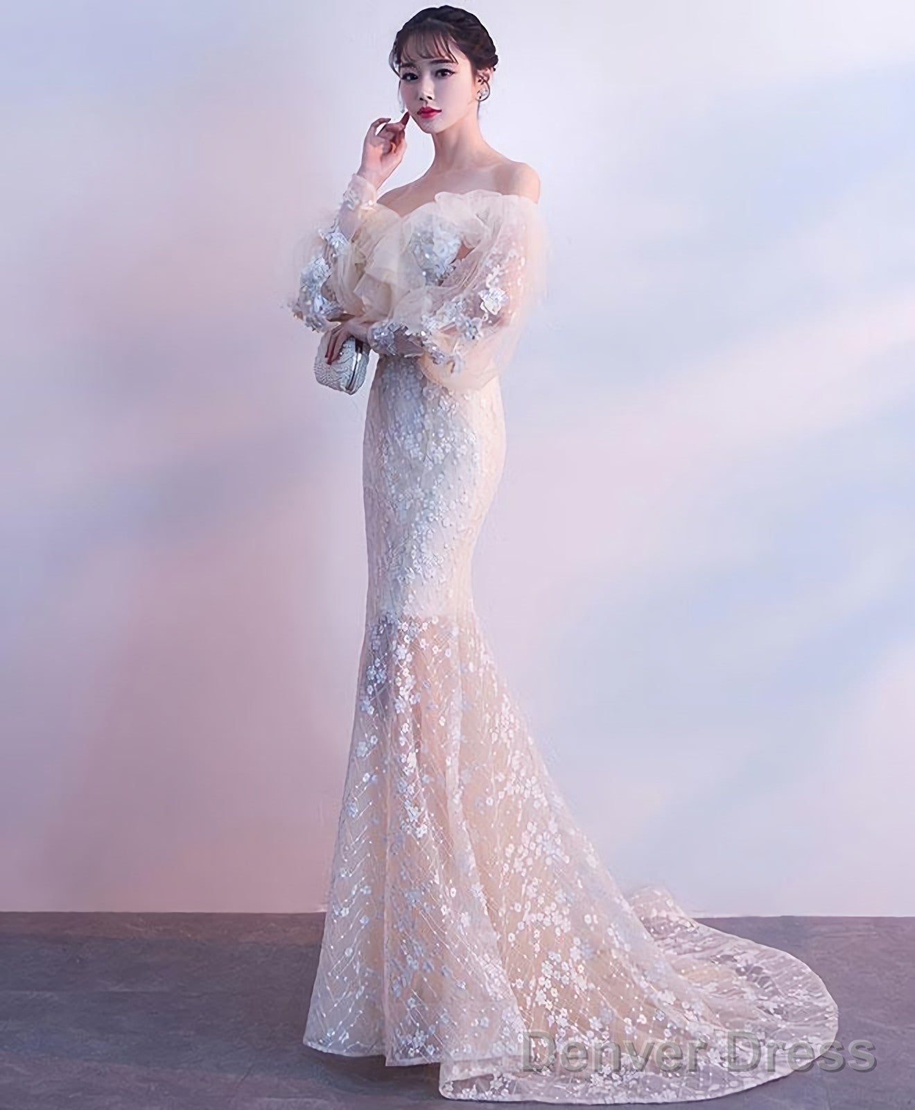 Champagne Tulle Lace Mermaid Long Prom Dress Tulle Lace Prom Dresses