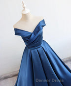 Simple Blue Satin Long Prom Dresses, Blue Formal Dresses