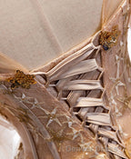 Champagne Round Neck Tulle Lace Long Prom Dresses, Formal Dresses