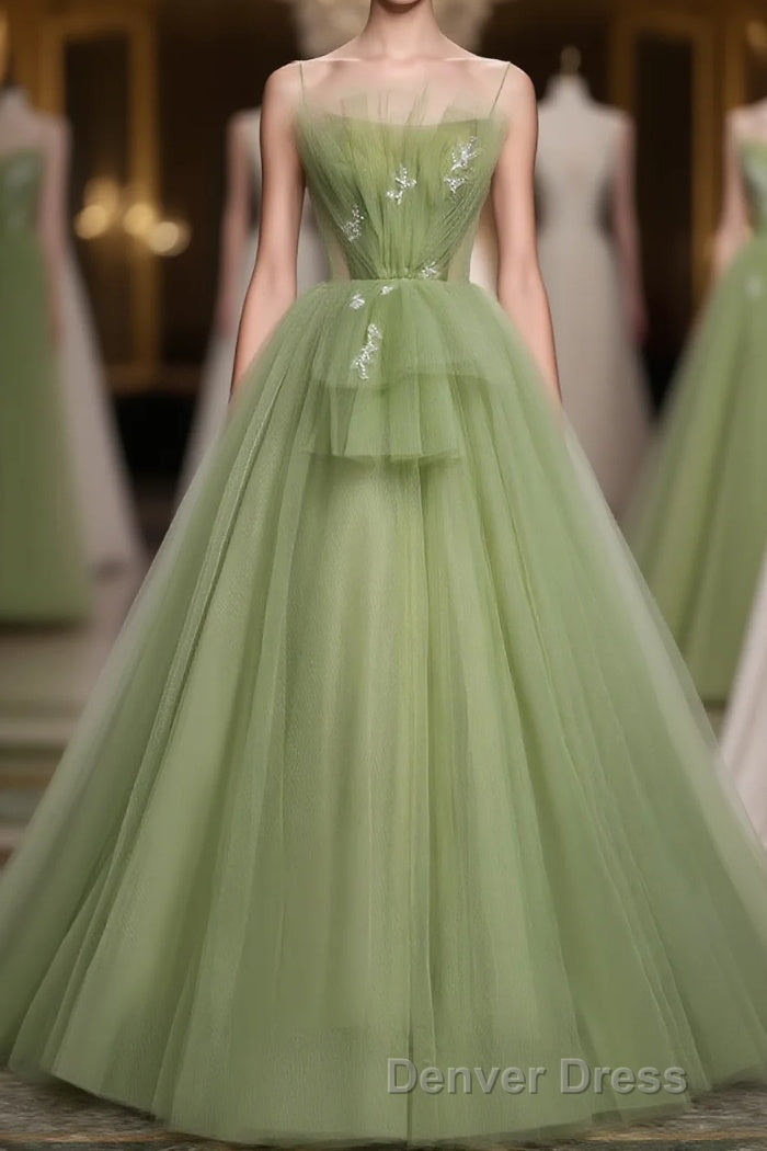 Green Tulle Long Prom Dress, Green Tulle Prom Dresses