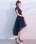 Blue Tulle Lace High Low Prom Dress, Blue Homecoming Dresses