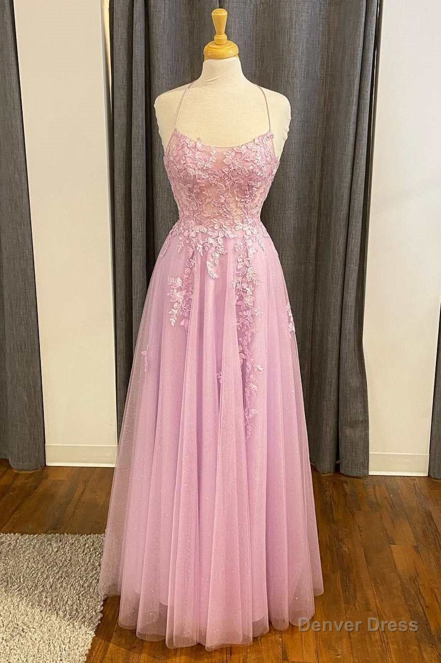 Pink Lace Tulle Lace Up Back A Line Prom Dresses Main image