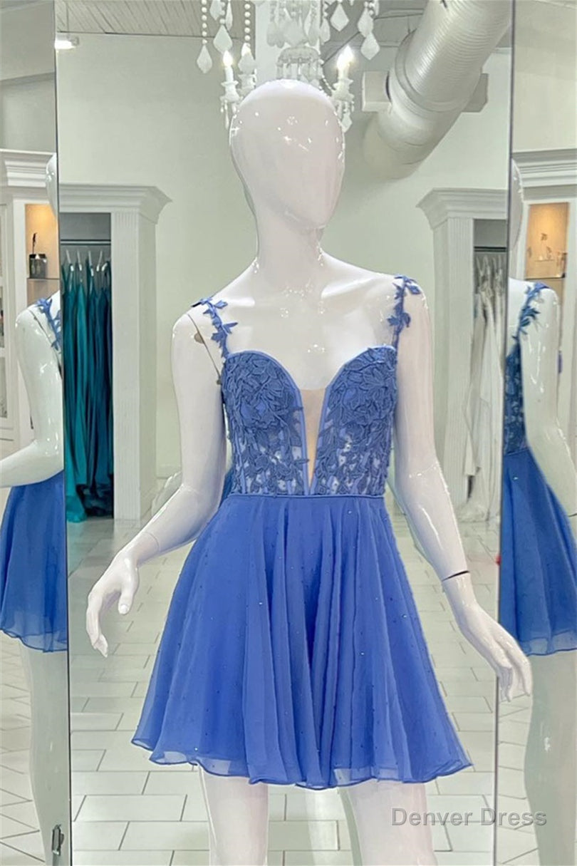 Blue Deep V Neck Straps A-line Appliques Chiffon Homecoming Dress Main image