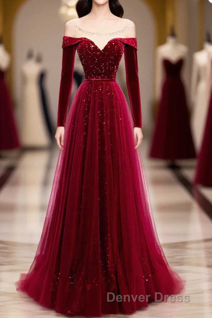 Burgundy Round Neck Tulle Sequin Long Prom Dresses, Tulle Formal Dresses