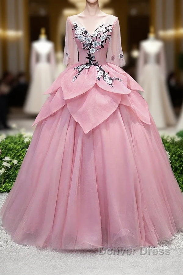 Pink V Neck Tulle Lace Applique Long Prom Dress, Pink Prom Dresses, 1