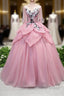 Pink V Neck Tulle Lace Applique Long Prom Dress, Pink Prom Dresses, 1