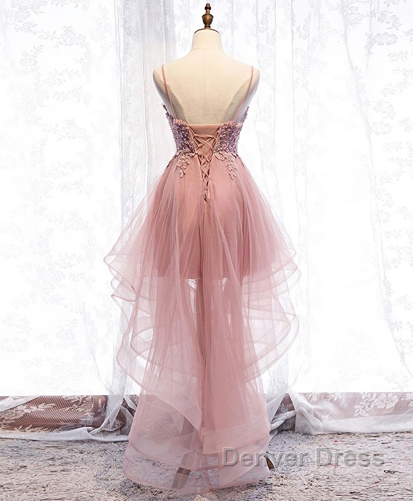 Pink Tulle Lace High Low Prom Dresses, Pink Homecoming Dresses, 1