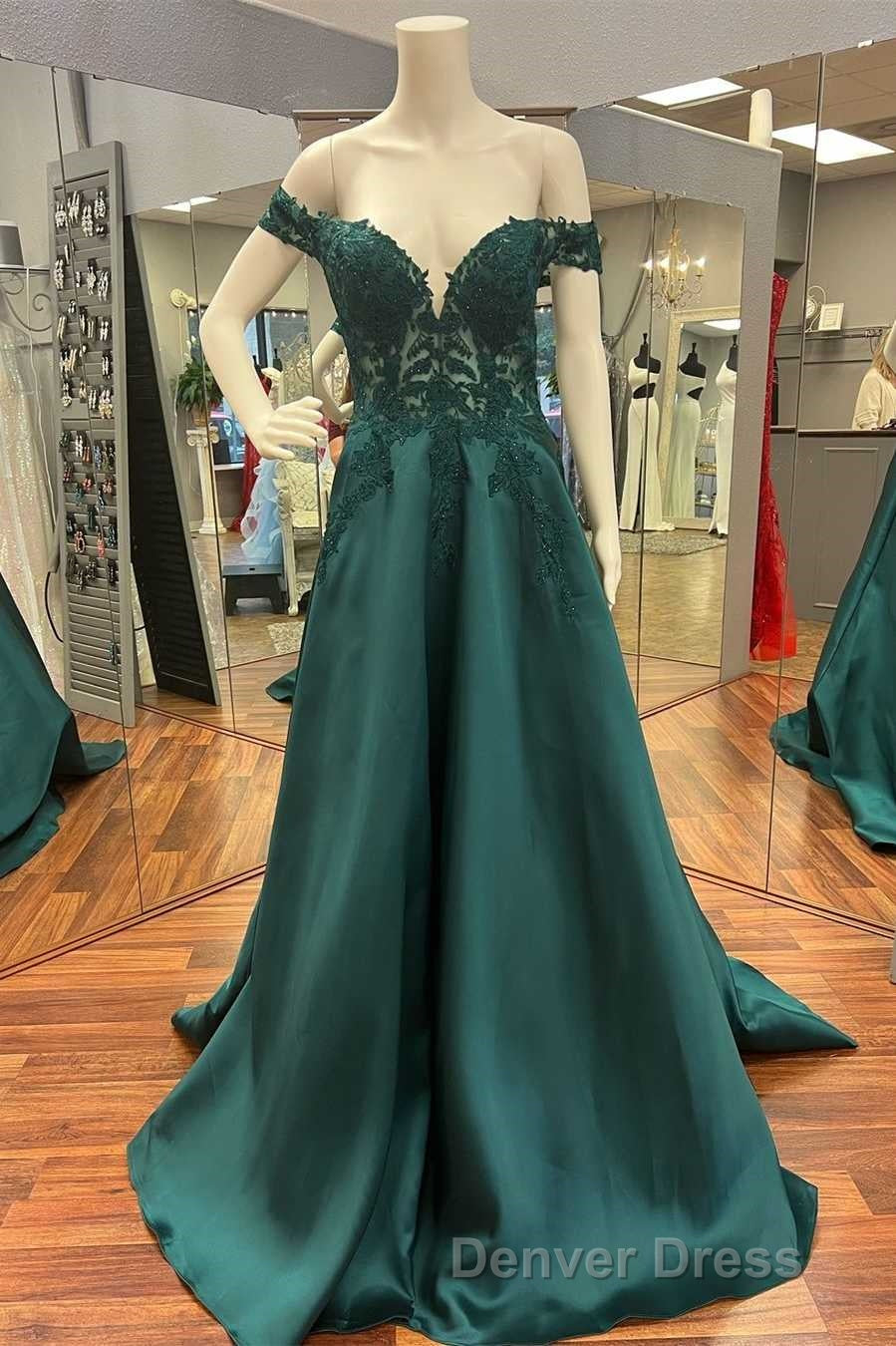 Hunter Green Lace Off-the-Shoulder A-Line Long Prom Dresses Secondary image