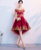 Burgundy Tulle Lace Short Prom Dress High Low Bridesmaid Dresses