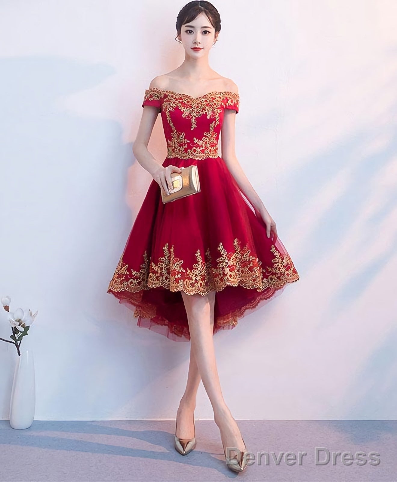 Burgundy Tulle Lace Short Prom Dress High Low Bridesmaid Dresses