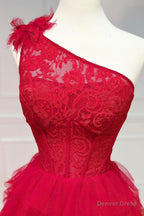 Red Tulle Lace Long Prom Dress, One Shoulder Prom Dresses
