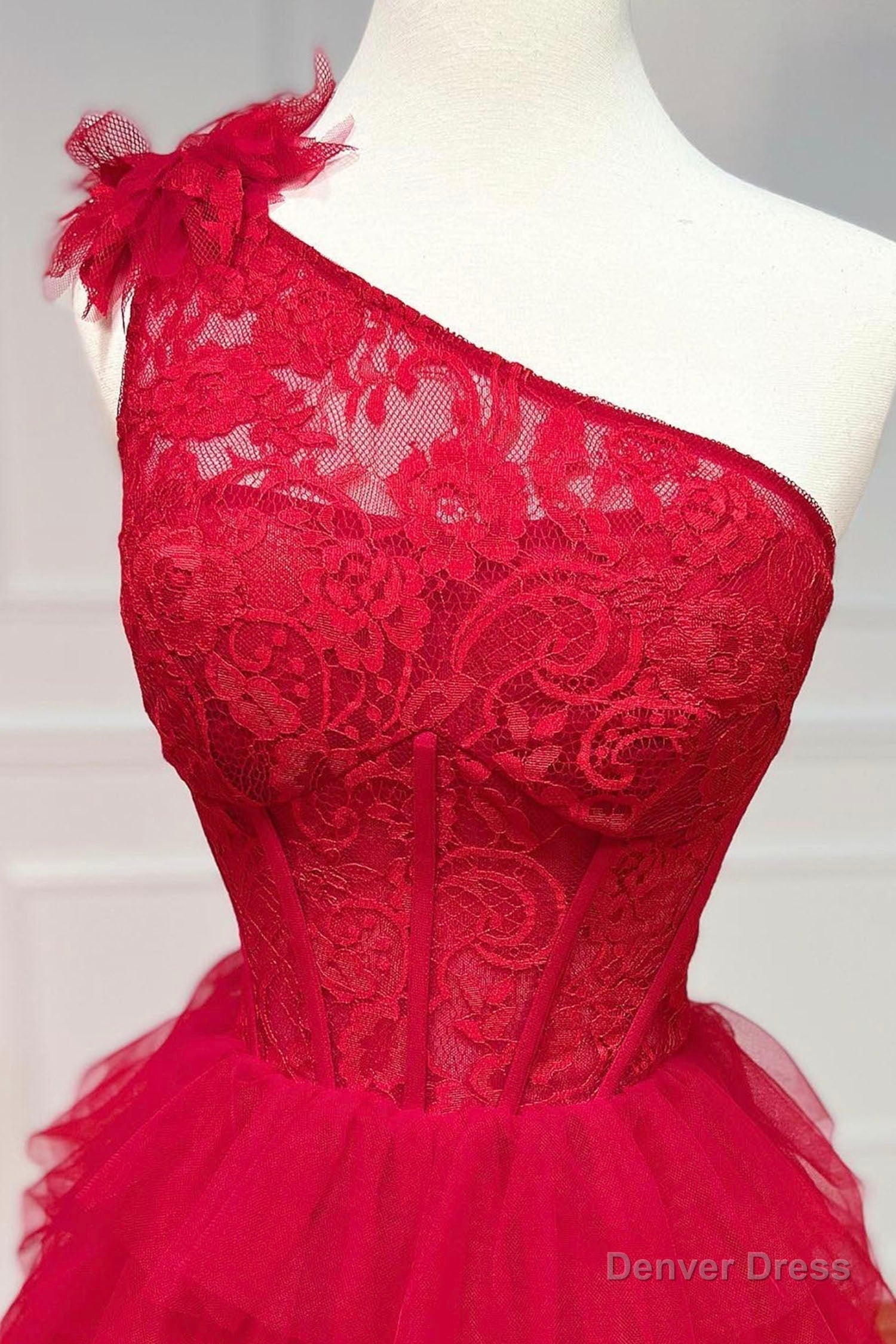 Red Tulle Lace Long Prom Dress, One Shoulder Prom Dresses