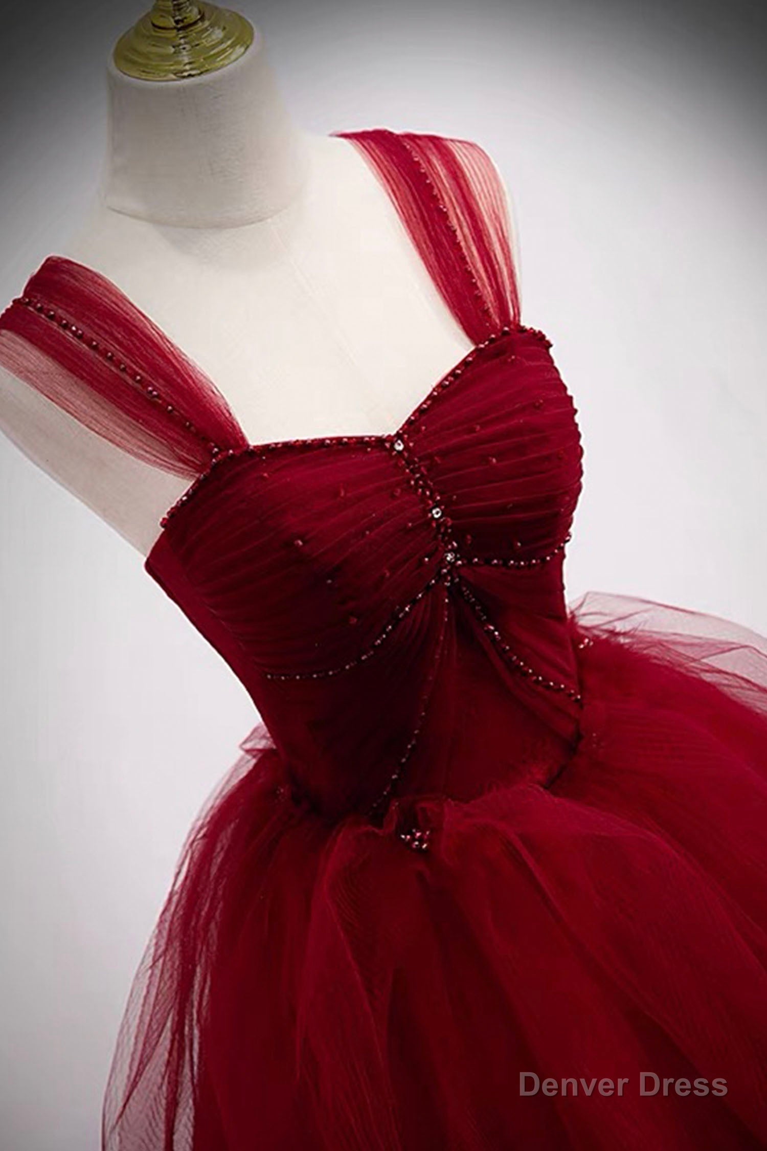 Burgundy Tulle Long A-Line Prom Dress, Burgundy Evening Party Dress Secondary image