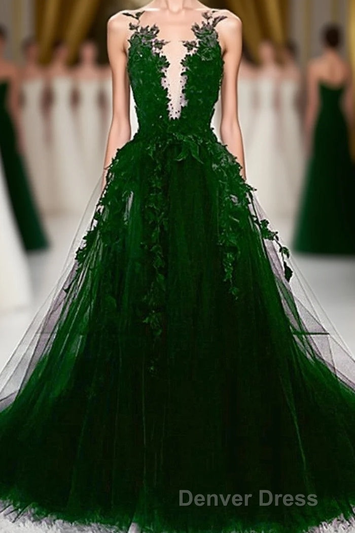Dark Green Tulle With Lace Deep Neckline Backless Prom Dresses, Dark Green Party Dresses Main image
