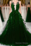 Dark Green Tulle With Lace Deep Neckline Backless Prom Dresses, Dark Green Party Dresses