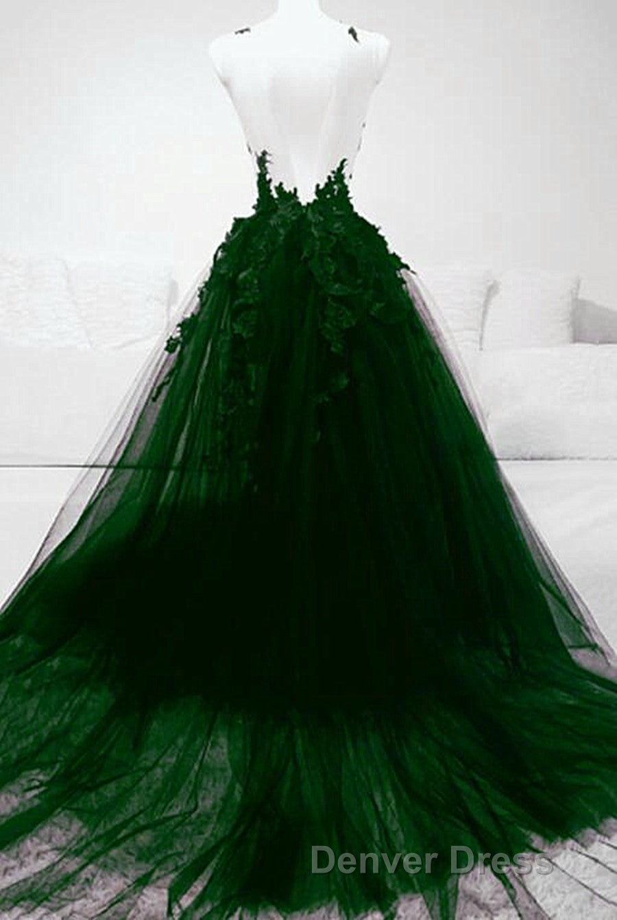 Dark Green Tulle With Lace Deep Neckline Backless Prom Dresses, Dark Green Party Dresses