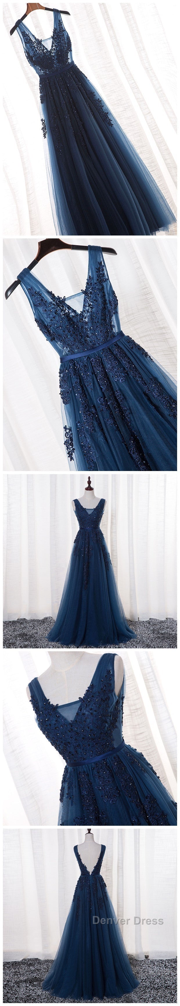 Glamorous Navy Blue Lace Tulle V Neck See Through Prom Dresses Secondary image