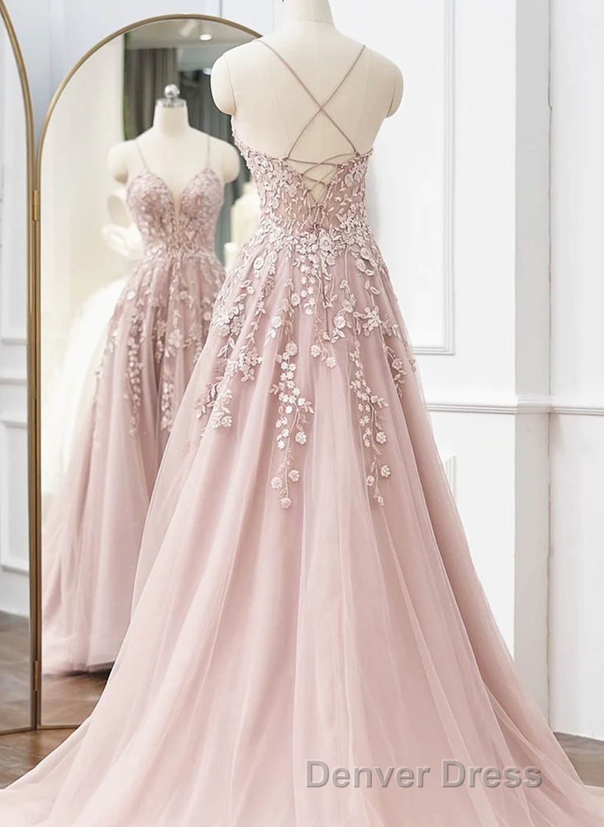Pink Tulle With Lace Straps Long Party Dresses, Pink Tulle Prom Dresses Evening Dresses Secondary image