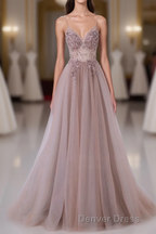 Pink V-Neckline Beaded Straps Long Party Dresses, A-Line Pink Tulle Floor Length Prom Dresses