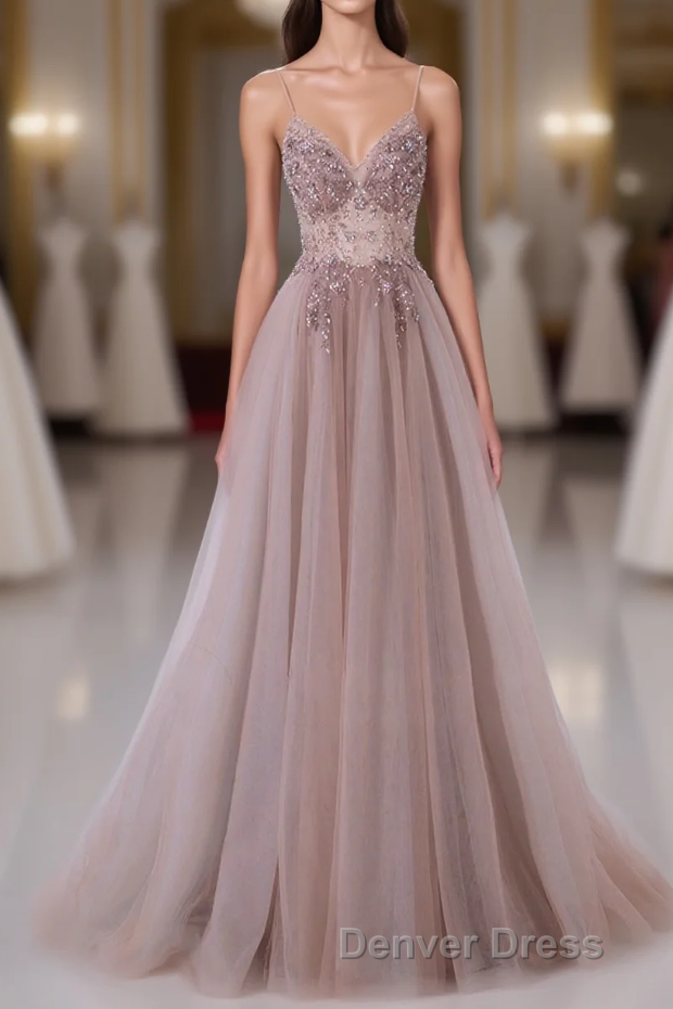 Pink V-Neckline Beaded Straps Long Party Dresses, A-Line Pink Tulle Floor Length Prom Dresses