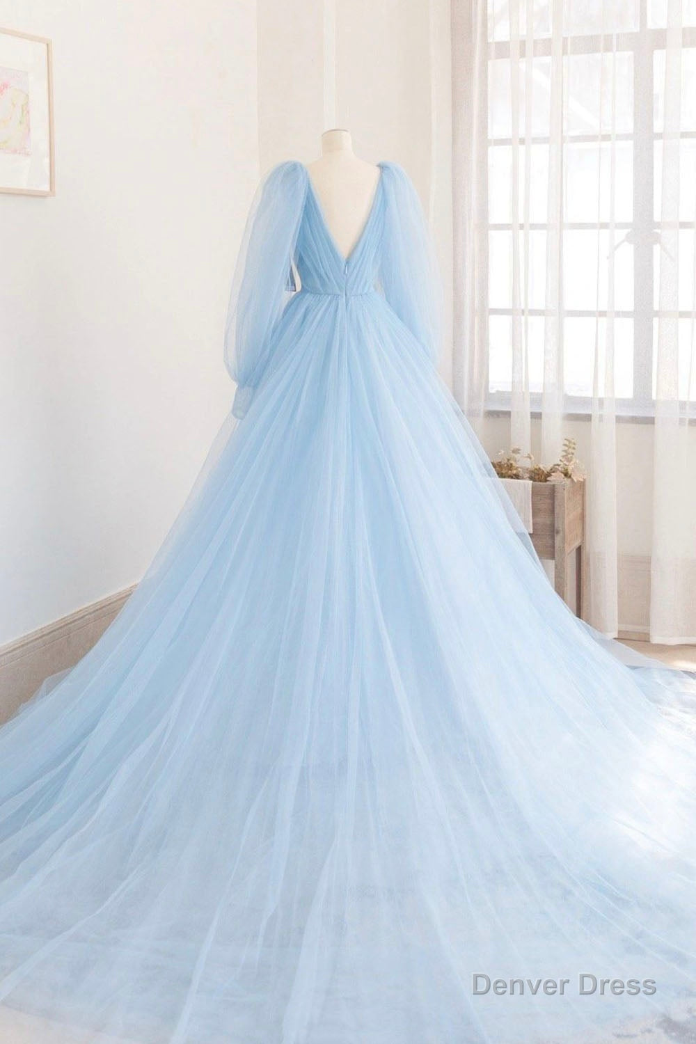 Blue V-Neck Tulle Long Prom Dress, Long Sleeve A-Line Evening Party Dress Main image