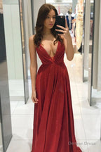 Red Spaghetti Straps V Neck Long Prom Dresses, Shiny A Line Prom Gowns