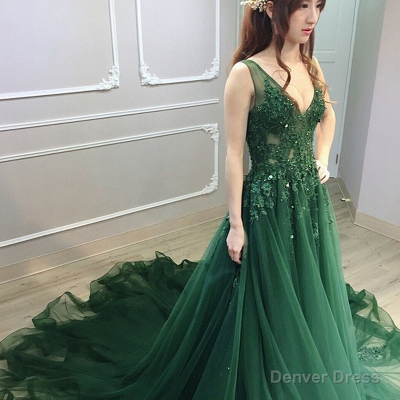 Dark Green Low Back Beaded Lace V Neckline Prom Dress, A Line Prom Dresses Secondary image