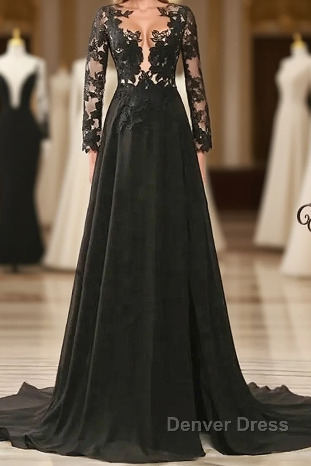 Black Long Sleeves Chiffon With Lace Evening Dresses, Black A-Line Party Dresses With Leg Slit Main image