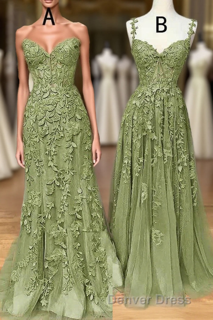 Lovely Sage Green Tulle With Lace Long Formal Dresses, Sweetheart Prom Dresses Main image