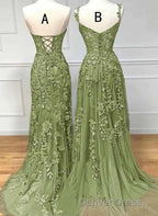 Lovely Sage Green Tulle With Lace Long Formal Dresses, Sweetheart Prom Dresses